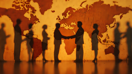 Silhouettes of people shaking hands in front of a world map