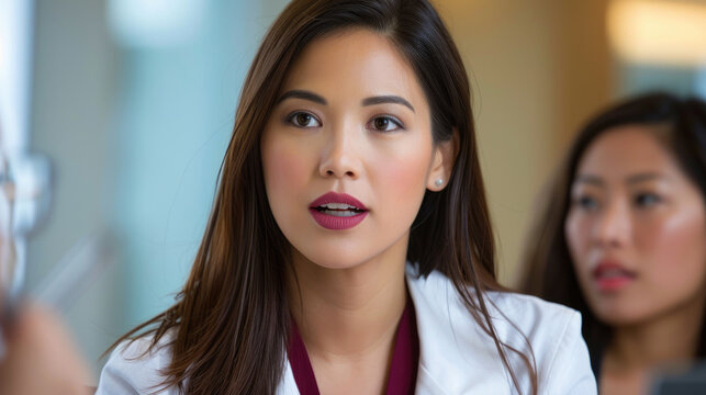 Woman in lab coat engages in discussion about health statistics, showcasing professionalism and confidence. Her expression reflects determination and focus in collaborative environment