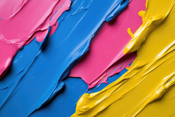 Vibrant abstract paint splatter design featuring bold blue, pink, and yellow colors, creating dynamic and energetic visual expression. smooth texture enhances artistic appeal