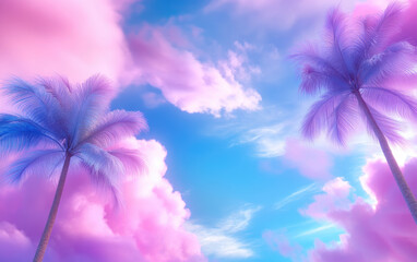 Serene landscape featuring palm trees against vibrant sky filled with pastel gradient colors, evoking sense of tranquility and beauty. soft clouds create dreamy atmosphere, perfect for relaxation