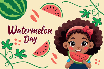 Cute cartoon illustration for Watermelon Day featuring an adorable girl with curly hair enjoying a juicy slice of watermelon. Perfect for summer posters, kids events, and social media.