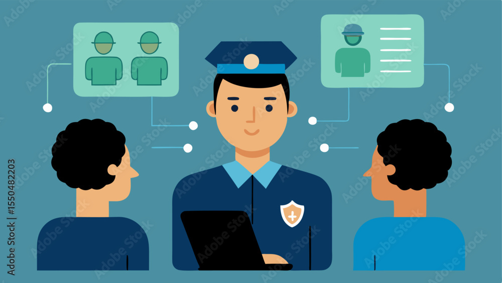 Poster community outreach an officer speaking with community members and explaining how facial recognition 