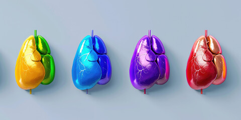 Colorful human hearts displayed in row, showcasing vibrant hues of green, blue, purple, and red. Each heart features intricate details, emphasizing anatomical structures and veins