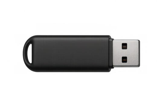 Close-up of a black usb flash drive, isolated on a transparent background, ready for data transfer and storage