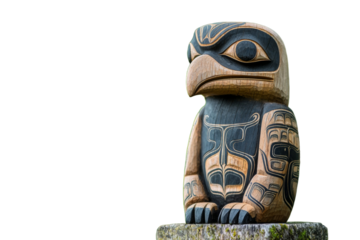 Wooden bird statue sits on a stone pedestal