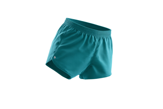 A blue pair of shorts with a white logo on the front