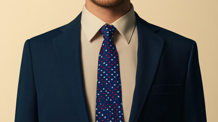 Well dressed individual navy blue suit and patterned tie stands against neutral background, exuding confidence and professionalism. tie features vibrant design with red and white squares