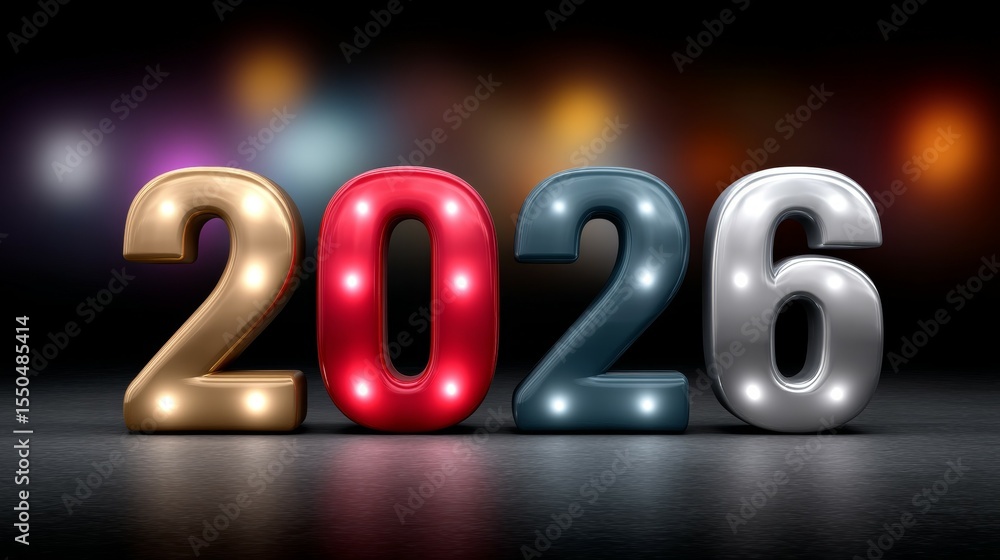 Poster colorful illuminated 2026 numbers with blurred bokeh background
