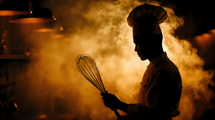 Silhouette of a chef holding a whisk in a smoky kitchen