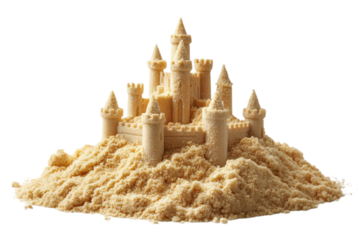 A sand castle is built on a mound of sand