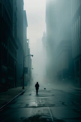 Obraz premium Solitary figure walks in dense fog. City street veiled in mystery, the human form blends into the atmospheric urban landscape.