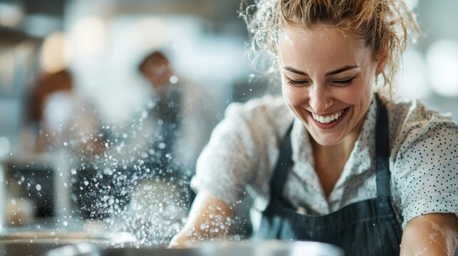 A cheerful woman enjoys cooking as flour flies in the air, showcasing the joy and fun of preparing food, encapsulating a lively kitchen atmosphere.