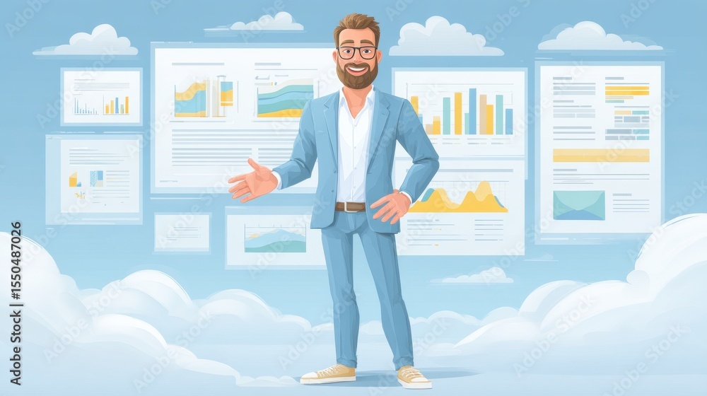 Poster business analyst presenting data insights with charts and graphs in a modern office environment
