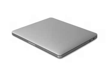 Silver laptop closed, resting on transparent background, highlighting sleek design and professional aesthetic