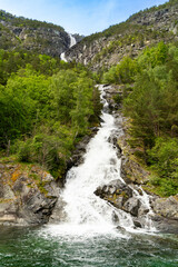 Melting snow waterfall flowing into Naeroyfjord