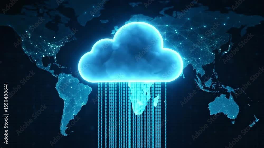 Poster a giant luminous cloud releases streams of binary over a dark map of connected cities. concept of ma
