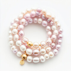 A set of pastel pink and white pearl bracelets with tiny gold charms,Generative ai