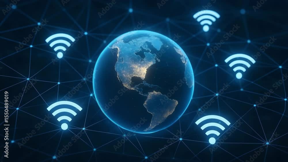 Poster wifi symbols surround a glowing earth within polygonal web lines. concept of global wireless connect