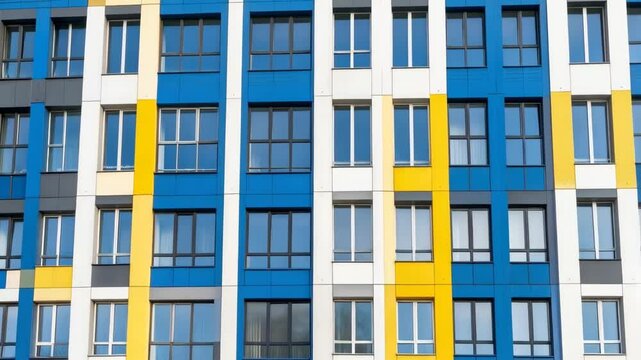 Facade of a high rise building with rows of windows colored in yellow, blue, grey, and white, creating a modern architectural pattern.
