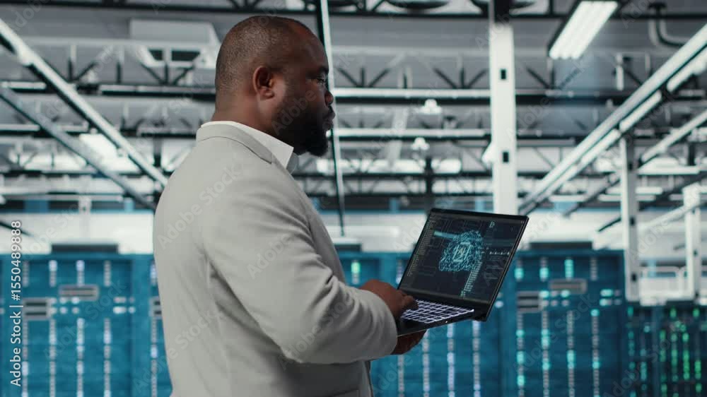 Poster server farm it specialist using laptop to improve deep learning ai systems workloads. data center so