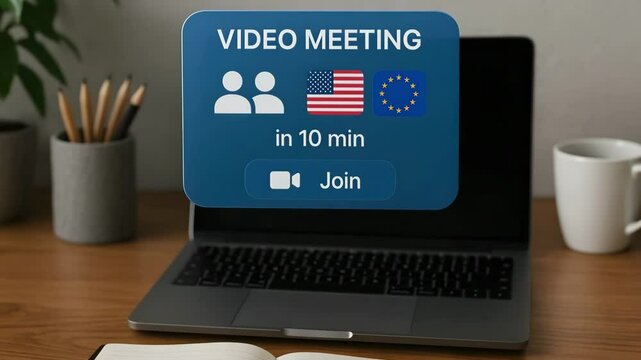 A floating video meeting notice with us and eu flags counts down ten minutes above laptop. Concept of scheduled cross-border conference.