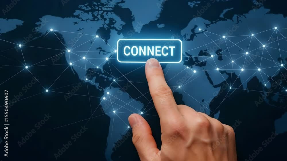 Aufkleber a fingertip presses a glowing connect button on a networked world map. concept of global digital con