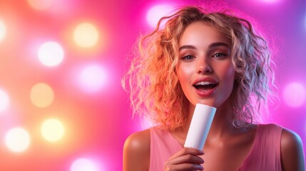 A cheerful woman joyfully enjoying an ice cream treat against a dreamy backdrop of colorful lights, symbolizing happiness and the simple pleasures of life in a vibrant setting.