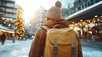 A solitary traveler wearing a beanie and yellow backpack stands in a snow-covered city scene, gazing at the sunlit buildings, evoking a sense of adventure and exploration during winter.