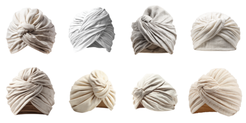 Set of cotton turbans stylish on white background, hair accessory 