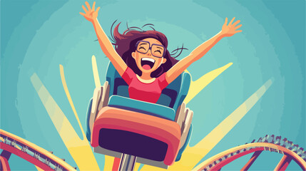 Excited Woman on Roller Coaster in Amusement Park