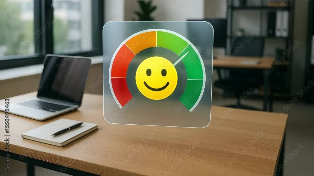 Poster a colorful feedback gauge displaying a smiling emoji floats in a bright office workspace. concept of