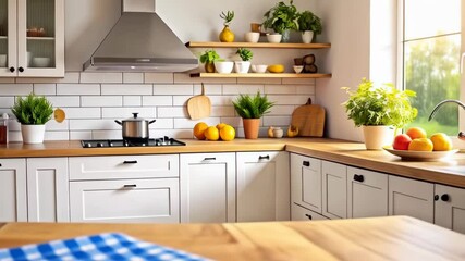 Bright kitchen with wooden countertops, white cabinets, fruit bowl, houseplants, and blue gingham tablecloth on the kitchen island.