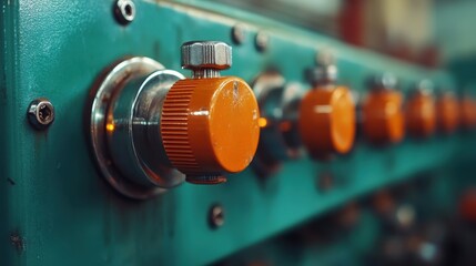 Close-up of a vintage industrial control panel featuring bright orange knobs, creating a striking contrast against the teal background, evoking a sense of nostalgia and machine aesthetics.