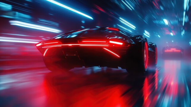 A sleek, aerodynamic futuristic car illuminated by striking neon lights, captured in a blur of motion that embodies the essence of speed and advanced technology.