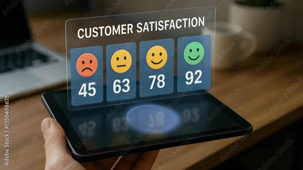 Poster a hand holds a tablet where colorful emoji blocks show scores from 45 to 92. concept of visual servi