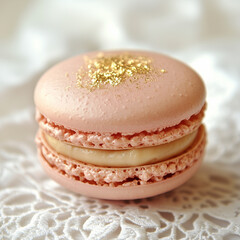 Fototapeta premium A soft pink macaron with a gold-dusted filling, placed on a delicate lace napkin,Generative ai