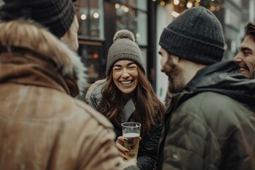 Group of friends having fun and drinking beer on the street in winter.