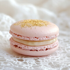 Fototapeta premium A soft pink macaron with a gold-dusted filling, placed on a delicate lace napkin,Generative ai