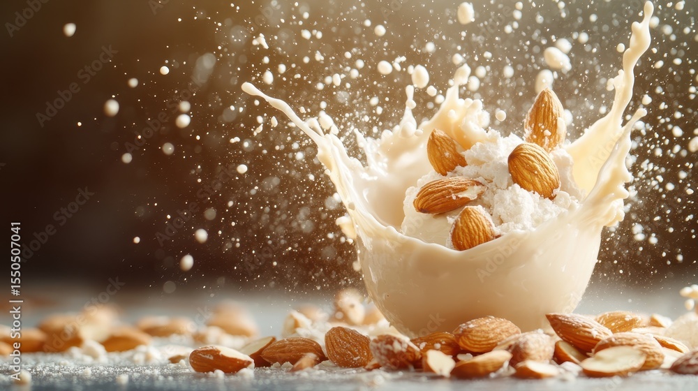 Poster an artistic splash of almonds cascading into a pool of creamy milk, capturing the essence of culinar