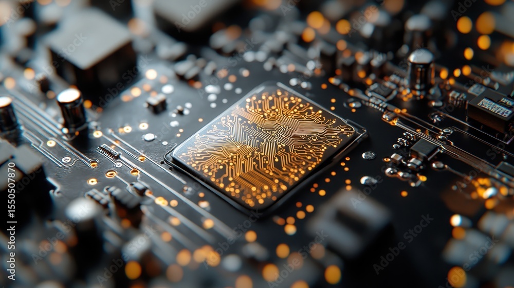 Poster this high-resolution close-up image reveals the intricate details of a microchip, capturing its comp