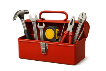 Naklejka na ściany i meble Metal toolbox displaying professional-grade hand tools - hammer, wrenches, pliers, screwdriver, tape measure - against transparent backdrop
