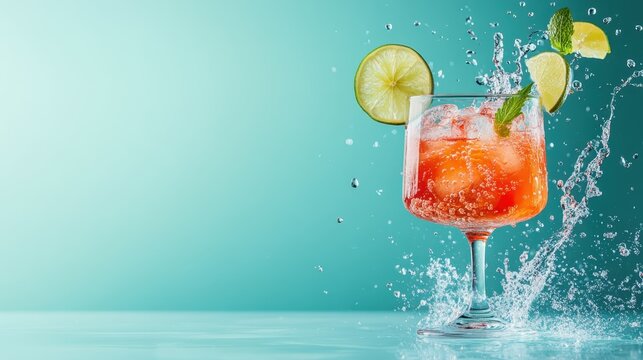 A vibrant cocktail with lime and mint splashes prominently photographed, symbolizing refreshment and lively social gatherings during warm summer days or festive occasions.