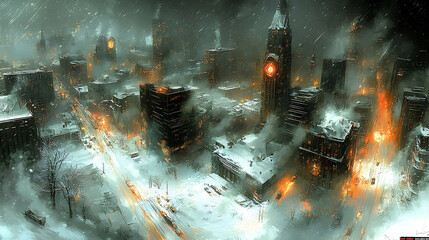 Snowfall Cityscape with Illuminated Clock Tower