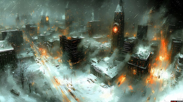 Snowfall Cityscape with Illuminated Clock Tower