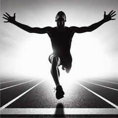 A black and white silhouette of an athlete who runs very fast overcoming the finish line. Vector graphics. EPS.