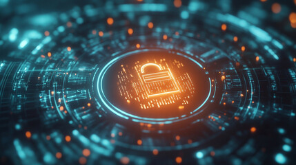 Glowing digital padlock surrounded by circuit patterns in a futuristic dark blue space