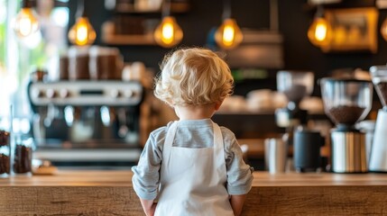 A young child wearing an apron is attentively watching a barista prepare coffee in a cozy café, symbolizing curiosity and early introduction to the art of coffee making.