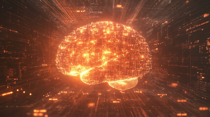 Glowing brain representation with intricate circuit patterns in a futuristic environment view