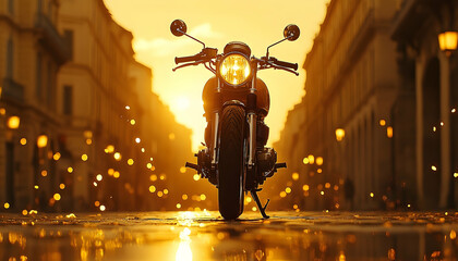 Vintage motorcycle at sunset on city street golden light bokeh