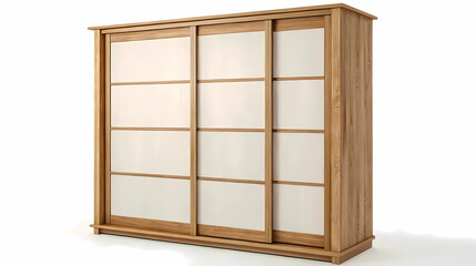 Sliding Door Wardrobe with Light Wood Frame and White Panels, Contemporary Closet Storage for Bedroom Interiors